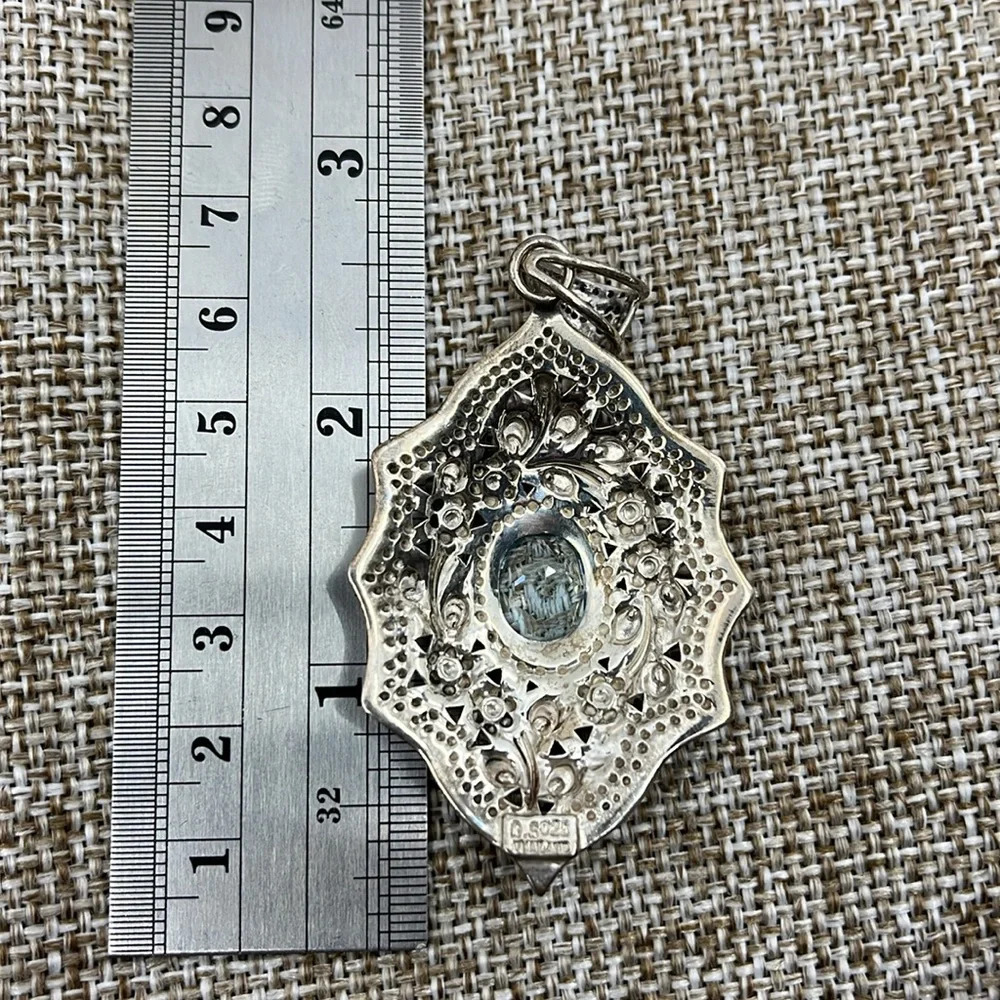 Vintage DS Designer Signed 925 Sterling Silver Blue Topaz Pendant - Picture 8 of 11